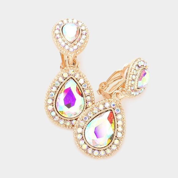 Clip on 1 3/4" gold and pink fluorescent stone double teardrop earrings - Picture 1 of 4